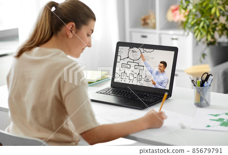 student woman with teacher on laptop at home student woman with teacher on laptop at home 85679791