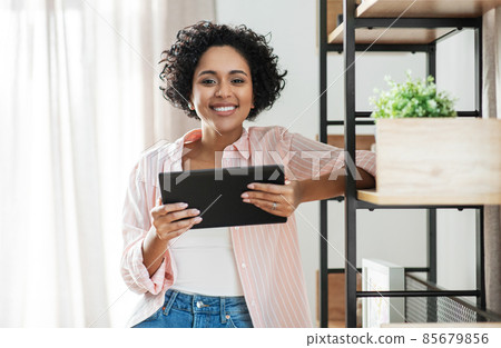 smiling woman with tablet pc computer at home 85679856