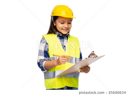 little girl in construction helmet with clipboard 85680634