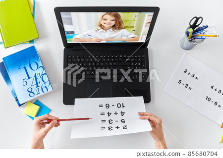 hands of teacher having online class on laptop 85680704