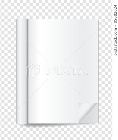 Realistic blank open magazine with rolled white paper pages on transparent background 85682624