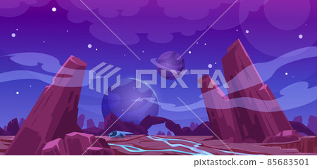 Spaceship on alien planet surface at night 85683501