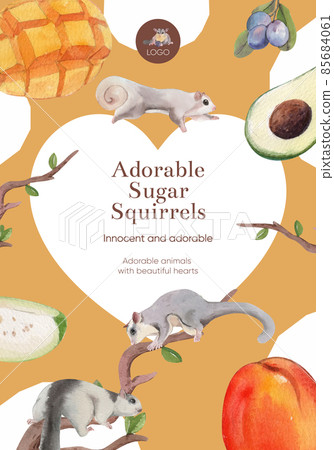 Poster template with adorble sugar gliders concept,watercolor style Poster template with adorble sugar gliders concept,watercolor style 85684061