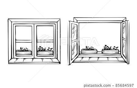 Window is open and closed sketch. Window sill with flowers. Vector hand-drawn illustration. 85684597
