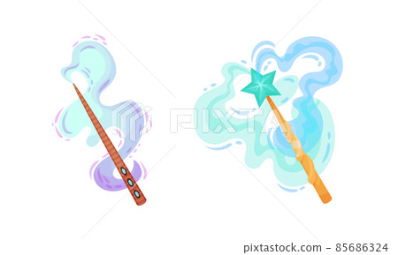 Fairy magic wands set. Fairy sticks with sparkles and smoke cartoon vector illustration Fairy magic wands set. Fairy sticks with sparkles and smoke cartoon vector illustration 85686324