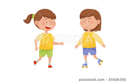 Cute kids doing sports set. Little girls rollerblading and running cartoon vector illustration 85686390
