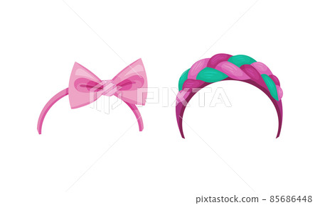 Hair accessories for hairstyle set. Stylish textile headbands decorated with bow knot and braid cartoon vector illustration 85686448
