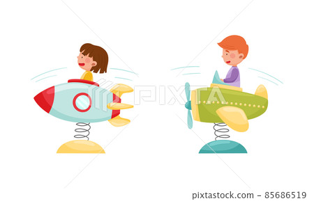 Happy kids having fun in amusement park set. Cute boys riding spring rocket cartoon vector illustration 85686519