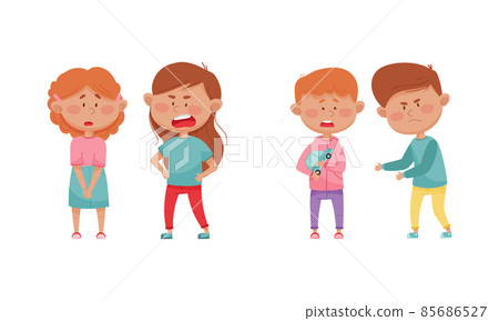 Warring Boy and Girl with Offensive Behavior Insulting Agemate Vector Set Warring Boy and Girl with Offensive Behavior Insulting Agemate Vector Set 85686527
