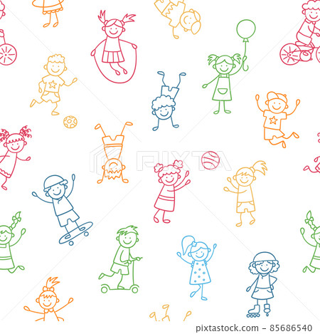 Seamless pattern with doodle children. Hand drawn funny little kids play, run and jump. Color cute children crayon drawing. Vector illustration in doodle style on white background 85686540