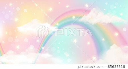 Holographic fantasy rainbow unicorn background with clouds. Pastel color sky. Magical landscape, abstract fabulous pattern. Cute candy wallpaper. Vector. Holographic fantasy rainbow unicorn background with clouds. Pastel color sky. Magical landscape, abstract fabulous pattern. Cute candy wallpaper. Vector. 85687516