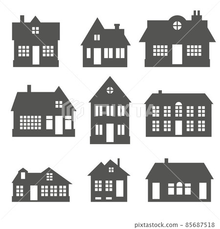 Silhouette of cottages in neighborhood. Set of houses on suburban street. Countryside cottage homes. Glyph vector illustration. Silhouette of cottages in neighborhood. Set of houses on suburban street. Countryside cottage homes. Glyph vector illustration. 85687518