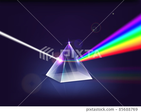 Realistic Detailed 3d Prism Light Spectrum . Vector illustration of Glass Pyramid Refraction of Light Rays on a Dark Realistic Detailed 3d Prism Light Spectrum . Vector illustration of Glass Pyramid Refraction of Light Rays on a Dark 85688769