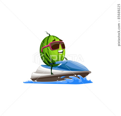 Summer fruit character watermelon in sunglasses surf on jet ski water motorcycle in sea or ocean isolated cartoon emoticon on rest. Vector summertime sport activities, food on vacation holidays 85689225