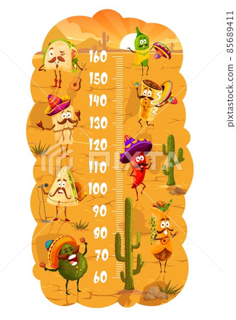 Kids height chart, cartoon mexican avocado, enchilada and quesadilla, tacos and burrito, churros characters. Growth meter ruler vector wall sticker with cute mariachi tex mex singers in desert Kids height chart, cartoon mexican avocado, enchilada and quesadilla, tacos and burrito, churros characters. Growth meter ruler vector wall sticker with cute mariachi tex mex singers in desert 85689411