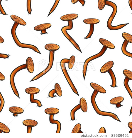 Seamless pattern of rusty metal bent nails and heads, vector background. Cartoon crooked nails and hobnails bent by hammer, old pins or spikes pattern with broken curved edges and rust Seamless pattern of rusty metal bent nails and heads, vector background. Cartoon crooked nails and hobnails bent by hammer, old pins or spikes pattern with broken curved edges and rust 85689461