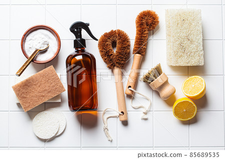 Eco home cleaning. Natural brushes, sponges and organic cleaning products, top view. Zero waste concept. 85689535