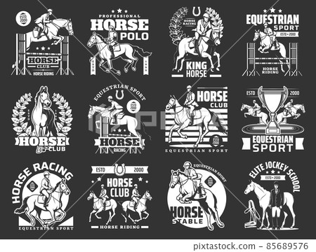 Equestrian sport horse riding and polo club, jockey school, race, jump and dressage vector icons. Racehorses, hippodrome track and horseback riders, champion trophy, harness, horseshoe Equestrian sport horse riding and polo club, jockey school, race, jump and dressage vector icons. Racehorses, hippodrome track and horseback riders, champion trophy, harness, horseshoe 85689576