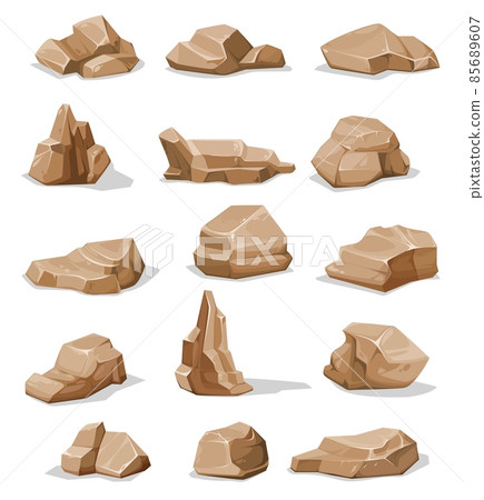 Brown rock stones and boulders. Cartoon gravel, cobble or rubble isolated rough pieces collection. Dessert cliff or mountain, geology mineral or metal ore block. Game environment design elements asset 85689607