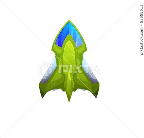 Launch of space rocket, flaming craft boost, ship isolated. Vector new idea and leadership, development symbol, startup launch of business. Fantasy rocketship, fast modern spaceship ufo aliens craft 85689613