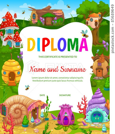 Kids diploma certificate with gnome or elf fairy dwellings. School or kindergarten vector template with cartoon dwarf or mermaid houses, fantasy buildings in ocean bottom and forest award gift frame Kids diploma certificate with gnome or elf fairy dwellings. School or kindergarten vector template with cartoon dwarf or mermaid houses, fantasy buildings in ocean bottom and forest award gift frame 85689649
