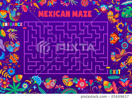 Labyrinth maze game. Cartoon mexican flowers and birds vector game worksheet. Kids square labyrinth, pathfinding puzzle and riddle. Find way game worksheet with cartoon national mexican ornament 85689657
