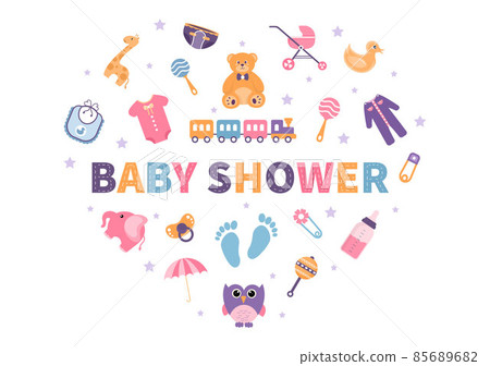 Baby Shower Little Boy or Girl with Cute Design Toys and Accessories Newborn Babies Background Illustration for Invitation and Greeting Cards 85689682