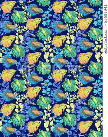 Fighting fish seamless print. Fighting fish, neons, aquatic plants on violet background. Watercolor illustration 85689941