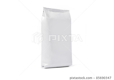 Coffee bag mockup isolated on white background. Front View. White package for tea, biscuit. Paper pouch, milk pack. Snack package blank, glossy flex box. Juice paper container. Foil bag for food. 85690347