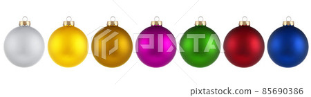 Christmas balls isolated on white background. Happy New Year baubles bombs bulbs colorful decoration. Multicolored Glass balls. Poster, banner, brochure design for christmas tree. 85690386