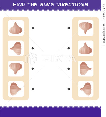 Match the same directions of garlic. Matching game. Educational game for pre shool years kids and toddlers Match the same directions of garlic. Matching game. Educational game for pre shool years kids and toddlers 85690578