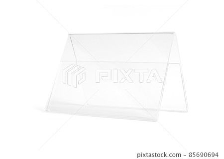 Vertical transparent desk display isolated on white background. Advertising trade stand banner. Mock Up Template. Front view. Table tent menu holder T shaped A4 or A5 format. Plastic ad plate. 85690694