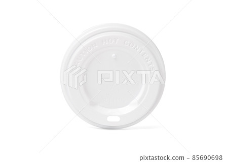Plastic disposable top coffee cap lid isolated on white. Blank white disposable coffee cup lid mock up lying top view, 3d rendering. Empty drinking mug mock-up. Clear plain tea take away package. 85690698