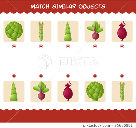 Match similar of cartoon vegetables. Matching game. Educational game for pre shool years kids and toddlers Match similar of cartoon vegetables. Matching game. Educational game for pre shool years kids and toddlers 85690891