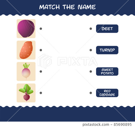 Match the name of cartoon vegetables. Matching game. Educational game for pre shool years kids and toddlers Match the name of cartoon vegetables. Matching game. Educational game for pre shool years kids and toddlers 85690895