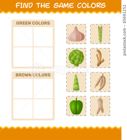 Find the same colors of vegetables. Searching and Matching game. Educational game for pre shool years kids and toddlers Find the same colors of vegetables. Searching and Matching game. Educational game for pre shool years kids and toddlers 85691252