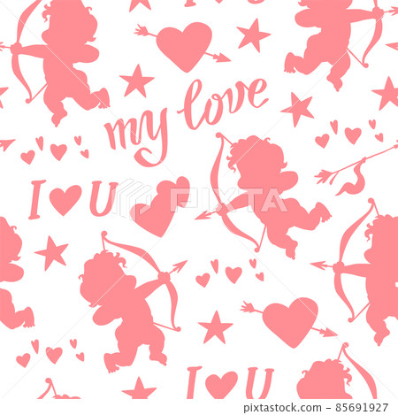 Vector Valentine day seamless pattern with cupid and hearts silhouettes isolated.  85691927