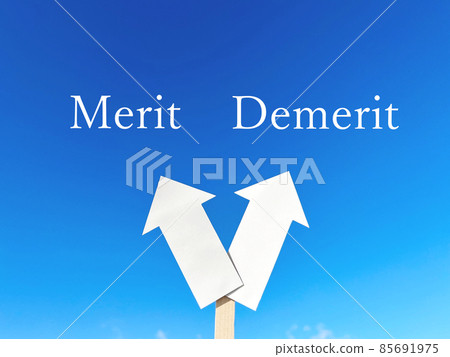 Two arrows with the letters Merit and Demerit_blue sky background Two arrows with the letters Merit and Demerit_blue sky background 85691975