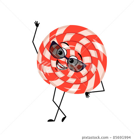 Cute character lollipop with happy emotions, face, smile, eyes, arms and legs. Cheerful sweet candy person rest. Vector flat illustration 85691994