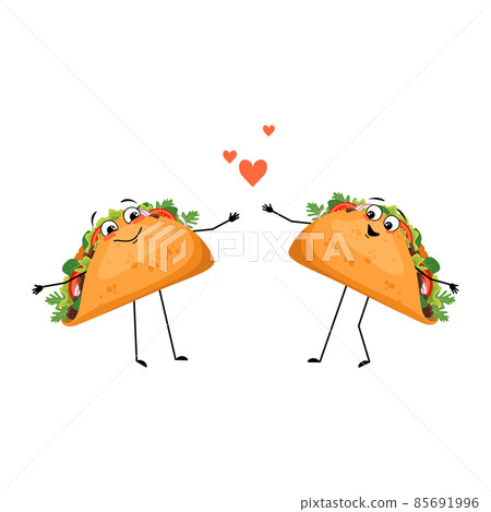 Cute character mexican taco with love emotions, smile face, arms and legs. Cheerful fast food person, sandwich with flatbread. 85691996