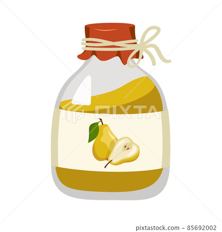 Jar of pear jam. Sweet healthy food, delicious fruit dessert. Vector flat illustration Jar of pear jam. Sweet healthy food, delicious fruit dessert. Vector flat illustration 85692002