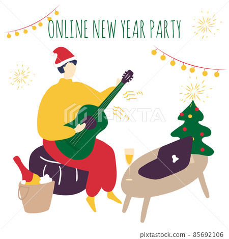 Online New Year party. Celebration in lockdown conditions. Remote friends and family meeting. Video chat. Vector cartoon flat illustration 85692106