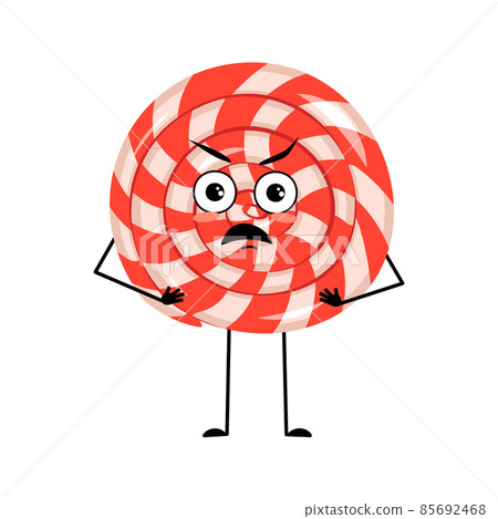 Cute character lollipop with angry emotions, grumpy face, furious eyes, arms and legs. Irritated sweet candy person 85692468