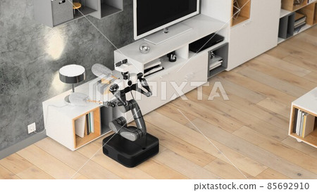 Robot cleaner helps to clean the apartment. Automatic robot. 3d rendering Robot cleaner helps to clean the apartment. Automatic robot. 3d rendering 85692910