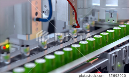 Conveyor line for the production of lithium ion batteries. Ecological energy. 3D illustration. 3D rendering. Conveyor line for the production of lithium ion batteries. Ecological energy. 3D illustration. 3D rendering. 85692920