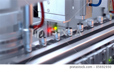 Conveyor line for the production of lithium ion batteries. Ecological energy. Batteries without packaging. 3D illustration. 3D rendering. Conveyor line for the production of lithium ion batteries. Ecological energy. Batteries without packaging. 3D illustration. 3D rendering. 85692930