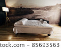 Hotel room. Wood finish. Beautiful interior with lamp 85693563