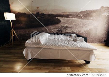 Hotel room. Wood finish. Beautiful interior with lamp Hotel room. Wood finish. Beautiful interior with lamp 85693563