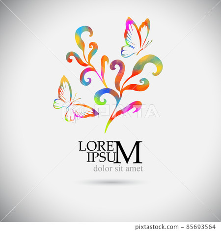 Logo is a multi-colored twig with butterflies . Vector illustration Logo is a multi-colored twig with butterflies . Vector illustration 85693564