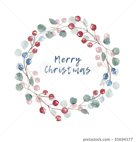 Watercolor christmas wreath with blue and red berries. New year illustration hand drawing isolated on white background. For holidays card, winter poster,banner,wallpaper, wrapping paper, design. 85694377